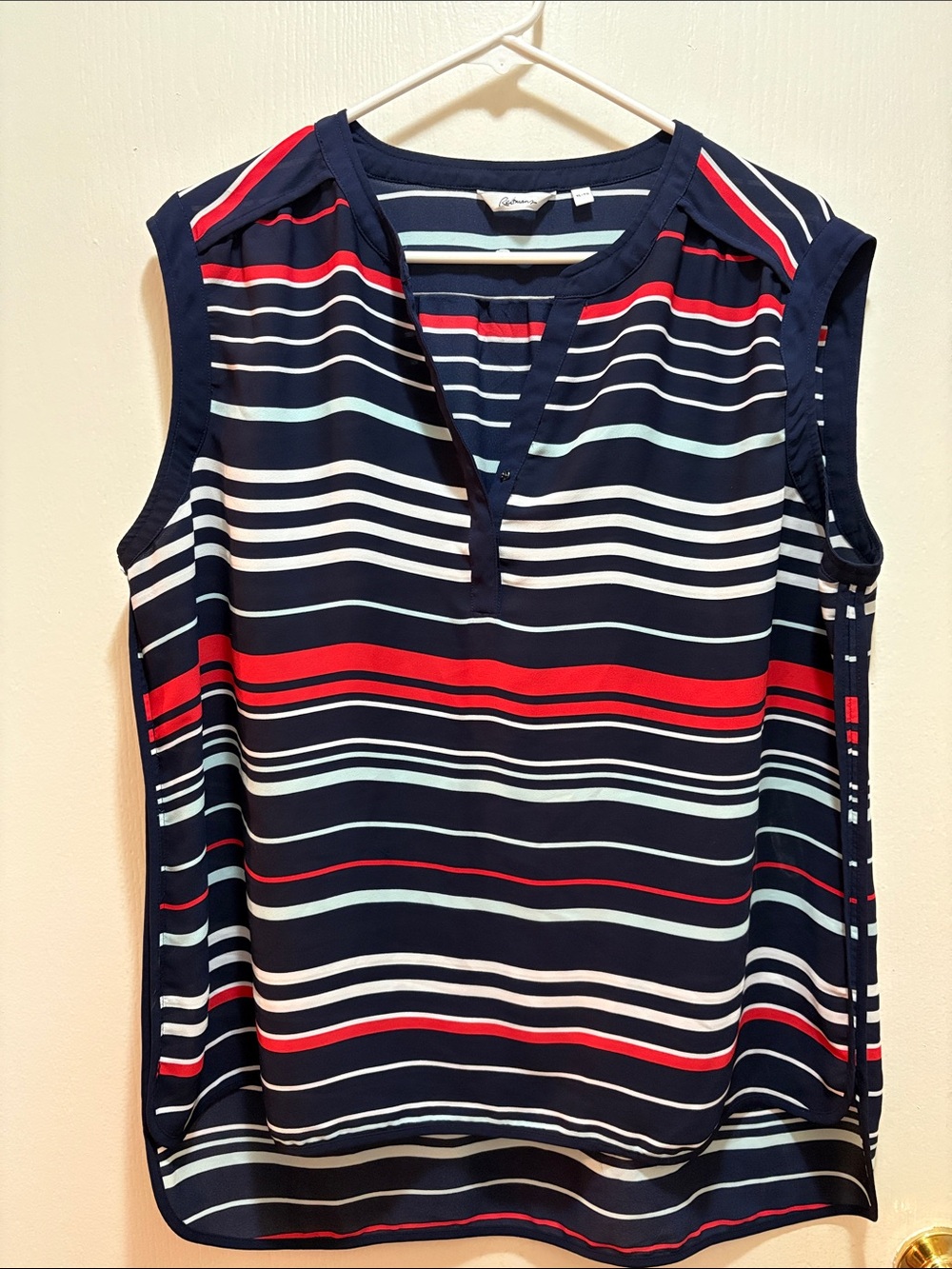 Reitmans Navy Sleeveless Striped V-Neck Tank with Red & White Bands
